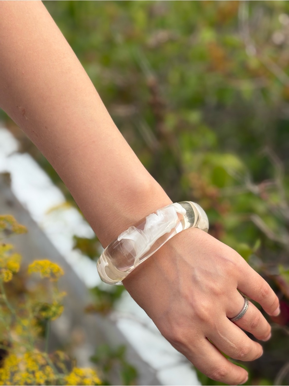 Beautiful Swirling Translucent white Pattern Lucite Bangle
